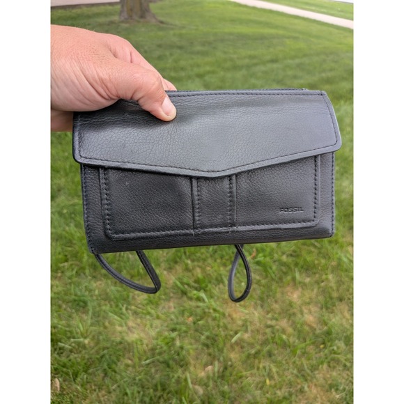 Vintage Fossil Black Genuine Leather Clutch Crossbody Tri-Fold Organizer‎ Wallet - Picture 1 of 6